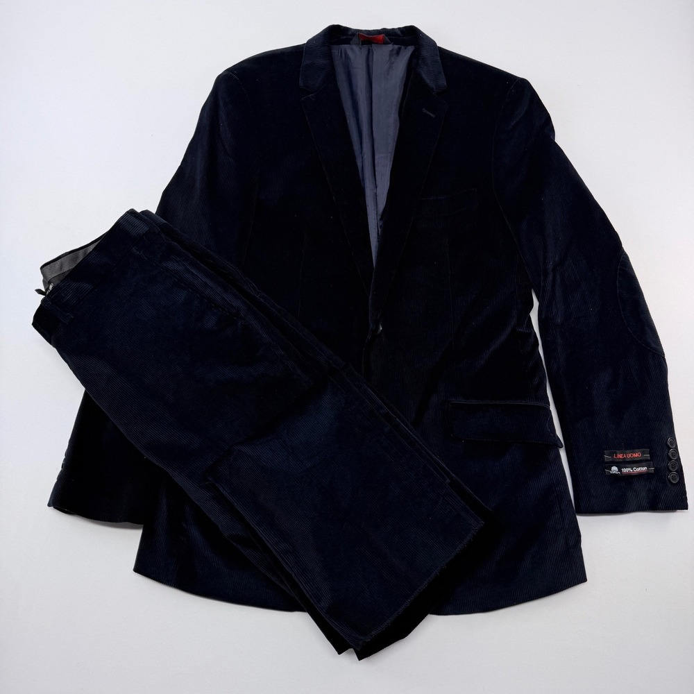 Linea Uomo Mens Navy Blue Corduroy 2 Piece Suit 42L 36W Elbow Patches